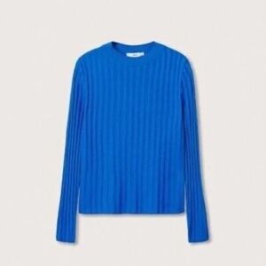 MANGO Vibrant Bold Blue Ribbed Knit Long Sleeve Sweater Top